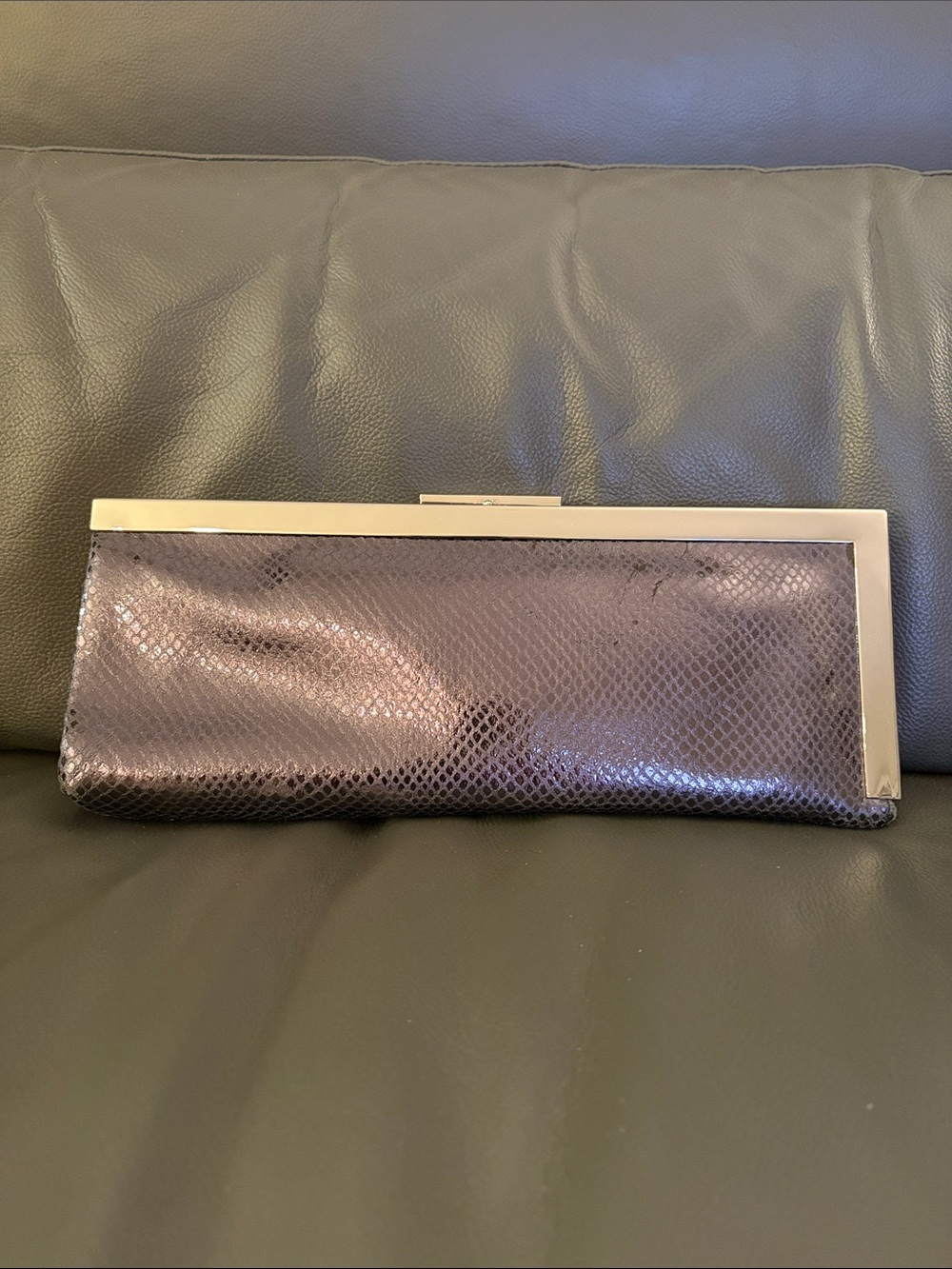 Calvin Klein Metallic Gunmetal Snake-Embossed Clutch with Silver Trim